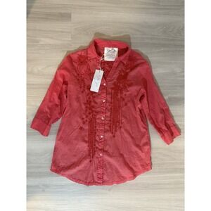 Kyla Seo Women Shirt Coral Pink Embroidered Button Down 3/4 Sleeve Small NWT